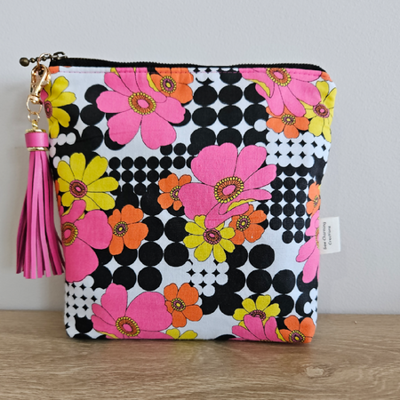 Zipper Pouch Black and Pink Retro Flower Design