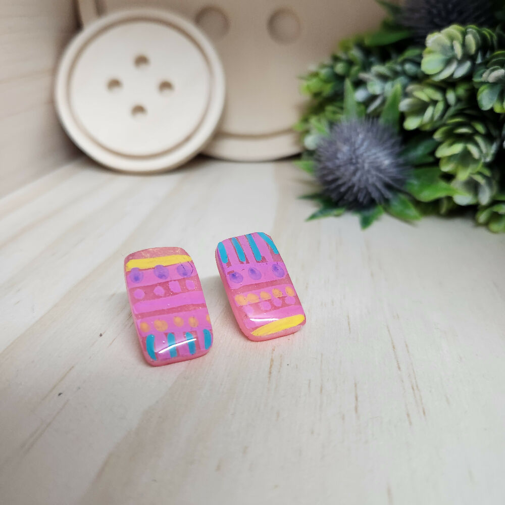 Stud Earrings Handpainted Rectangle Pink Stripes and Spots Resin