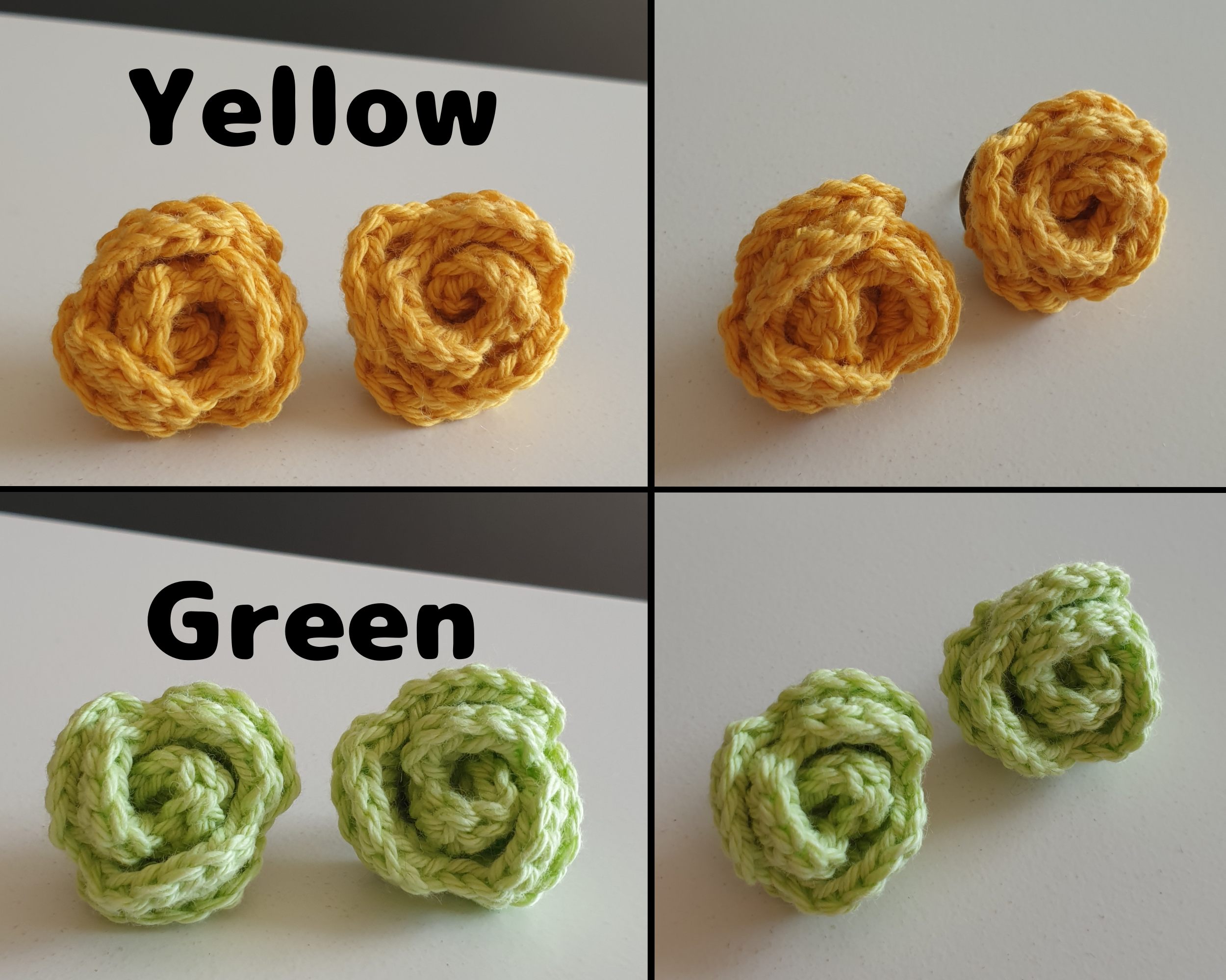 Small Hand Knitted Small Crochet Rose Flower Stud earrings : Red Pink Purple Brown Yellow Green