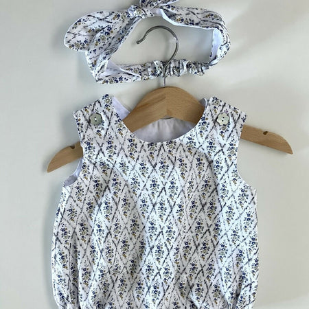 Baby summer outfit in genuine Liberty lawn - romper & hair-tie (amber floral)