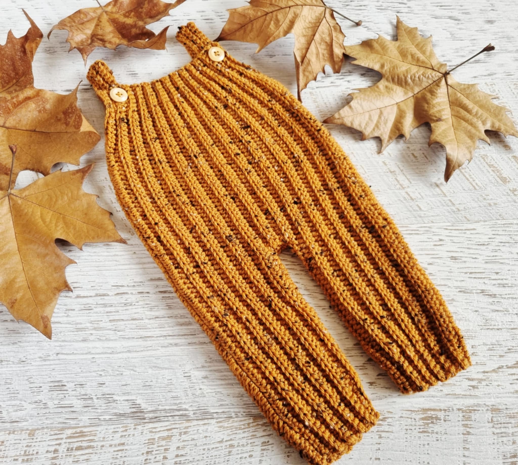 Baby Dungarees | Newborn | Pants | Romper | Mustard Tweed | Crochet