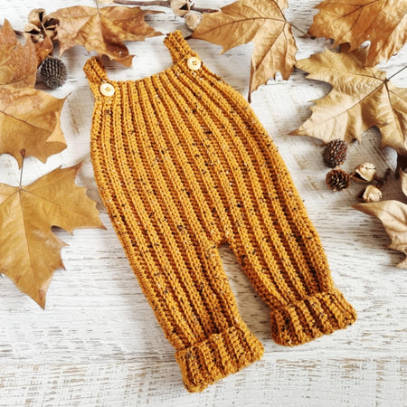 Baby Dungarees | Newborn | Pants | Romper | Mustard Tweed | Crochet