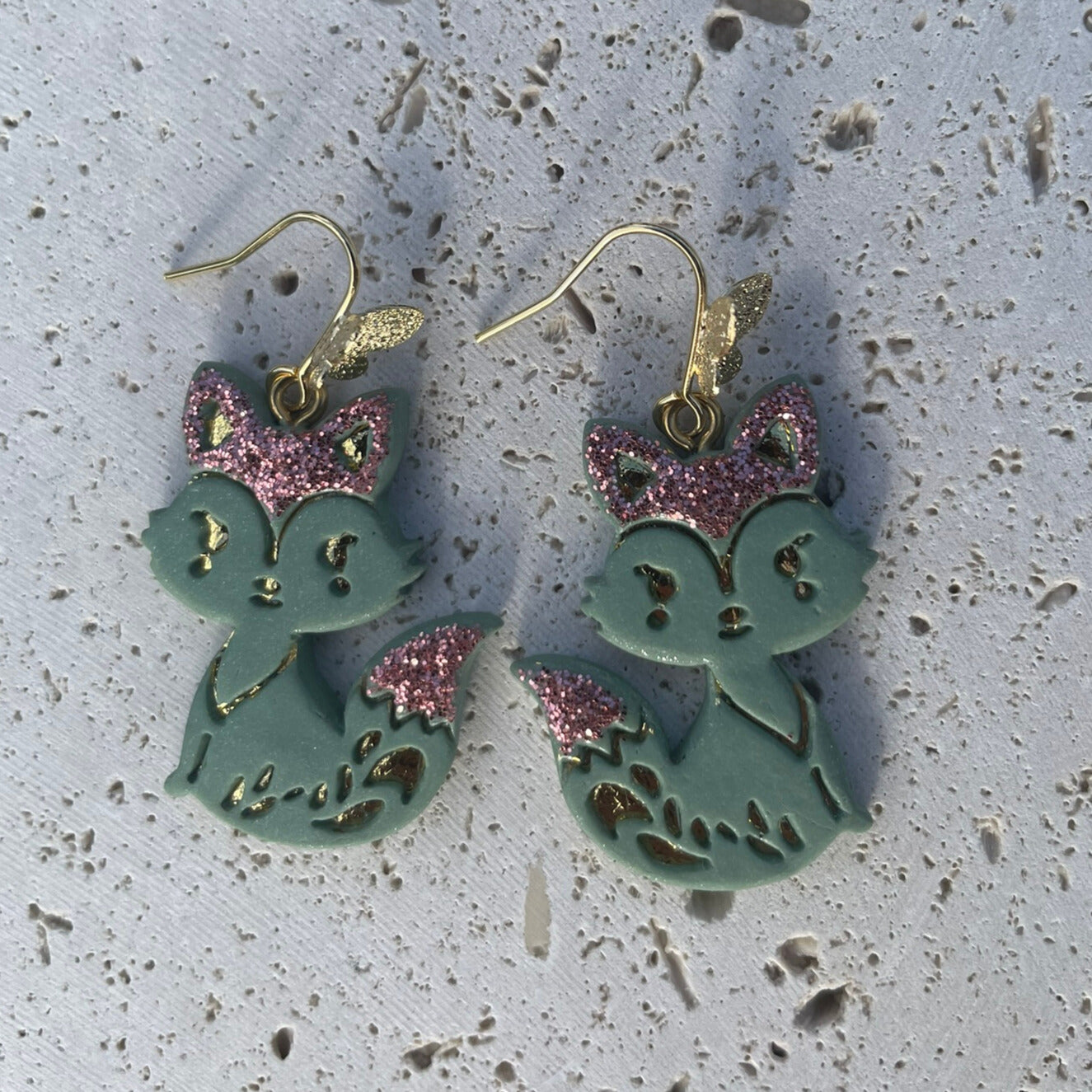 Handmade Polymer Clay Fox Earrings Green with Pink Sparkle