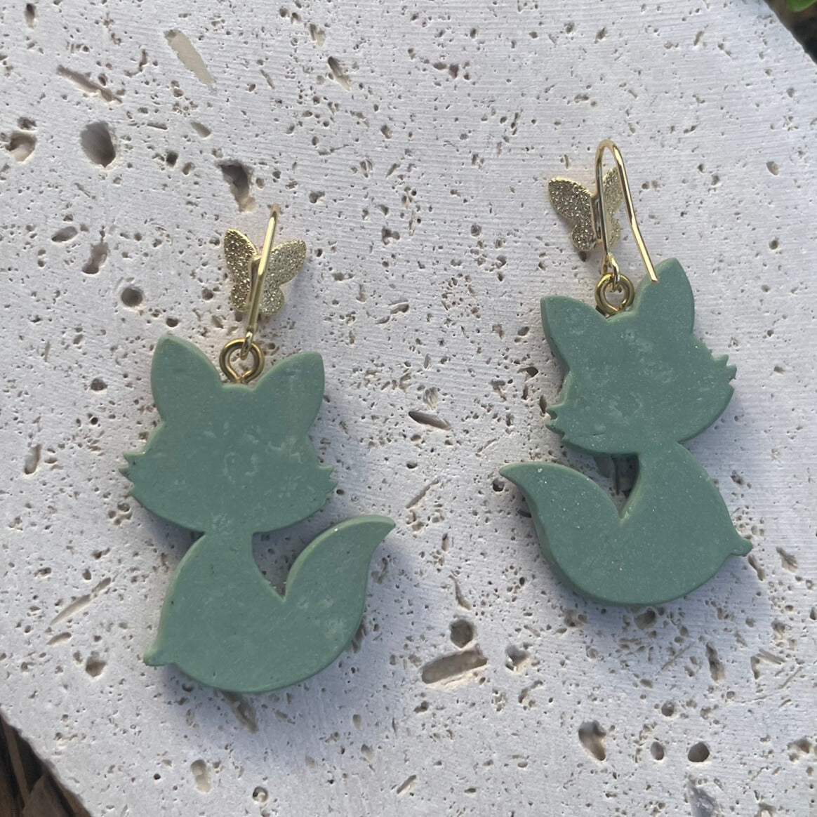 Handmade Polymer Clay Fox Earrings Green with Pink Sparkle