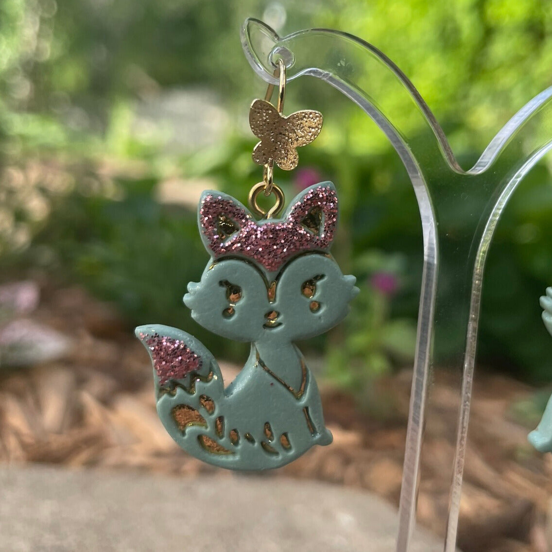 Handmade Polymer Clay Fox Earrings Green with Pink Sparkle