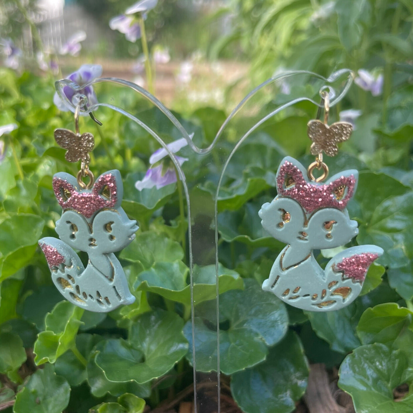 Handmade Polymer Clay Fox Earrings Green with Pink Sparkle