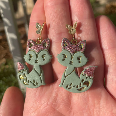 Handmade Polymer Clay Fox Earrings Green with Pink Sparkle