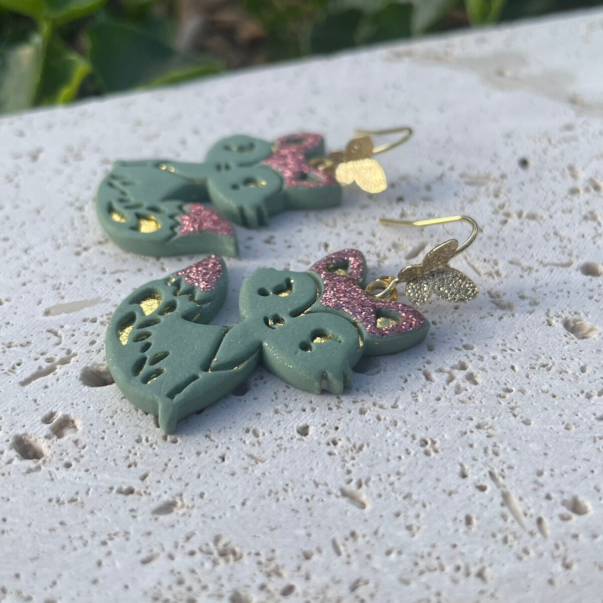 Handmade Polymer Clay Fox Earrings Green with Pink Sparkle