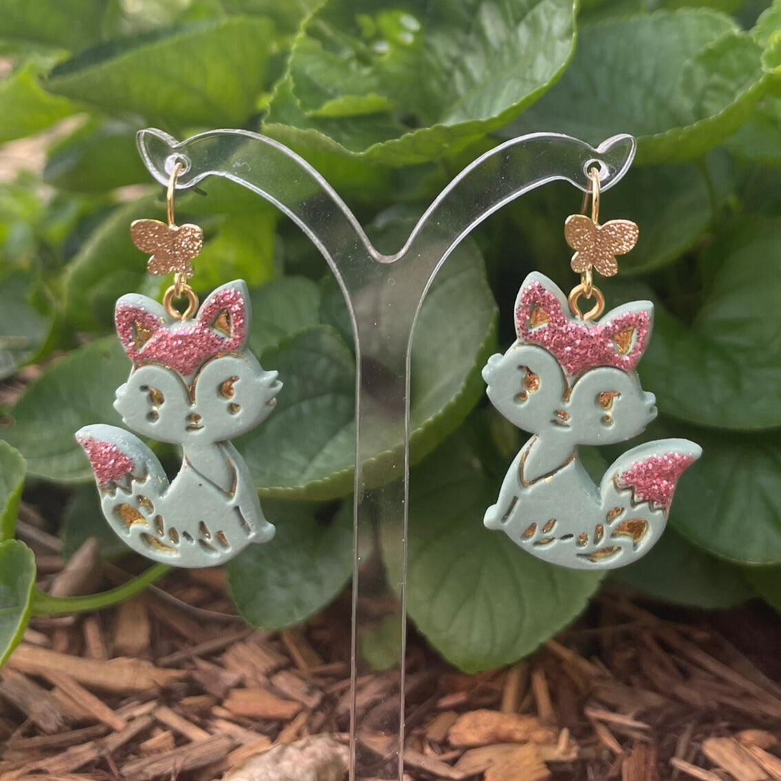 Handmade Polymer Clay Fox Earrings Green with Pink Sparkle