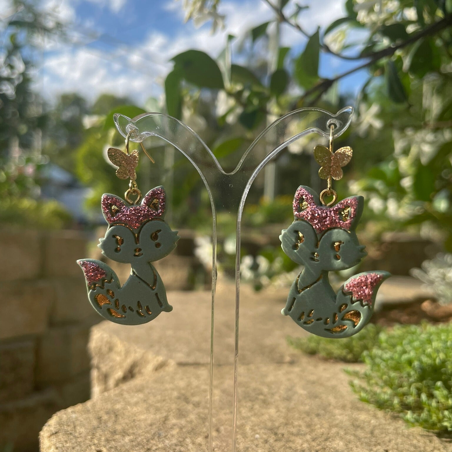 Handmade Polymer Clay Fox Earrings Green with Pink Sparkle