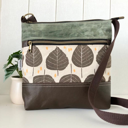 Leather, Waxed Canvas and Leaf Fabric Zipper Handbag