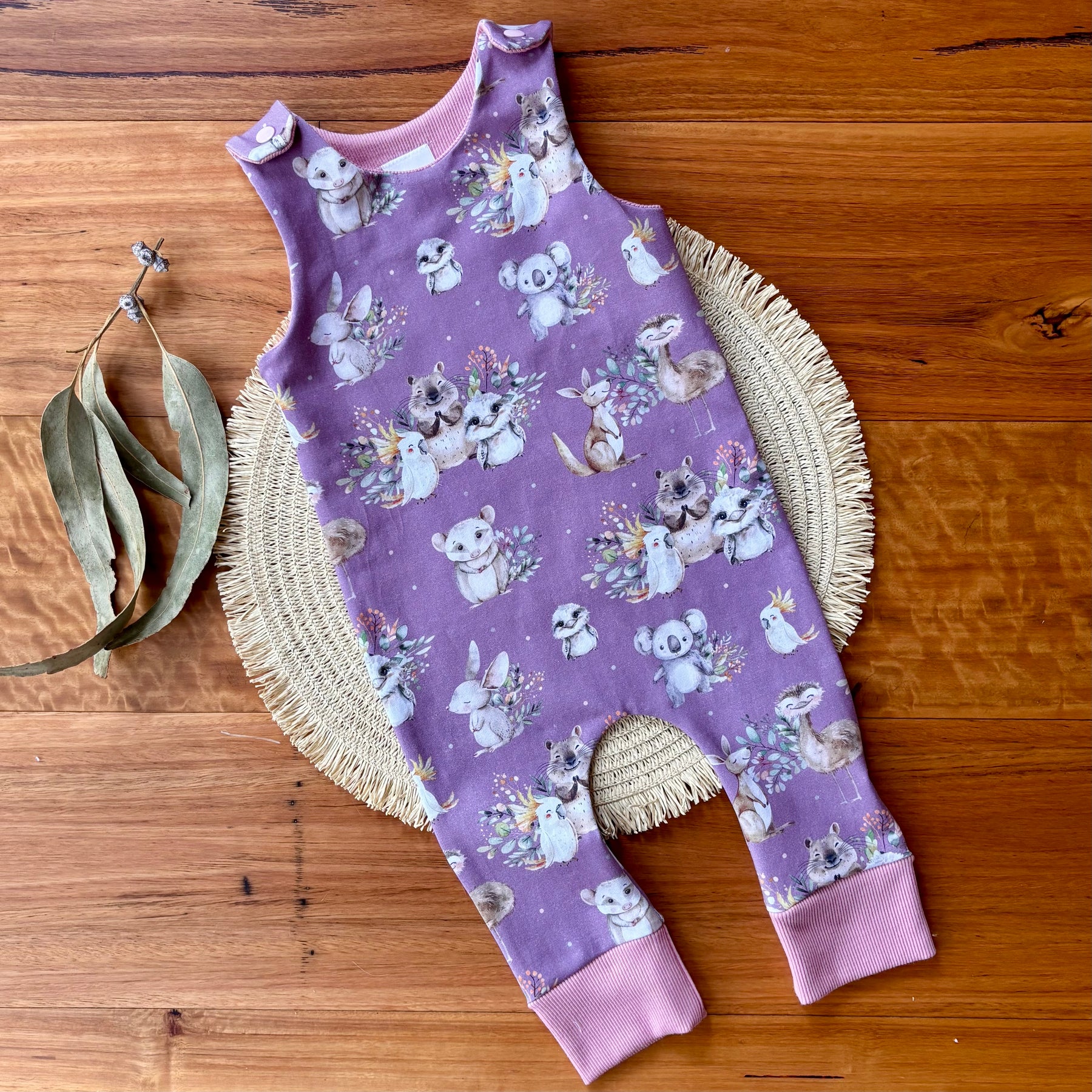 Baby Stretch Overalls | Purple Australian Animals | Size 000 to 3 | Made to order