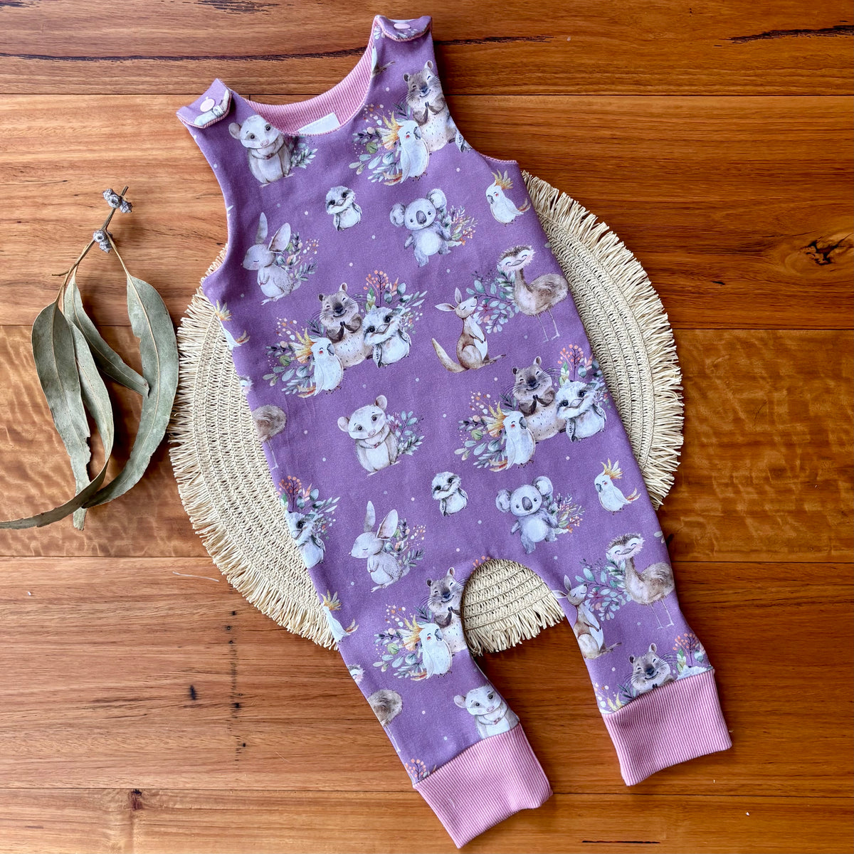 Baby Stretch Overalls | Purple Australian Animals | Size 000 to 3 | Made to order