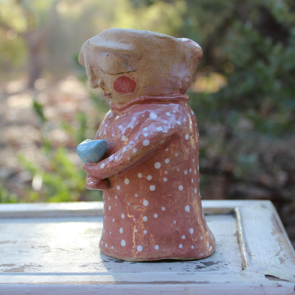 clay Pink and white spot candlestick with bird pottery