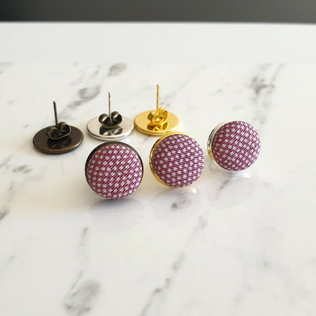 1.4cm Round White dot Purple Kimono Fabric Cabochon stud earrings