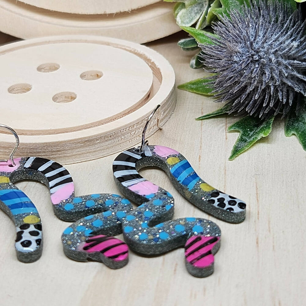 Dangle Earrings Squiggles Hand Painted Handcast Resin - Hook