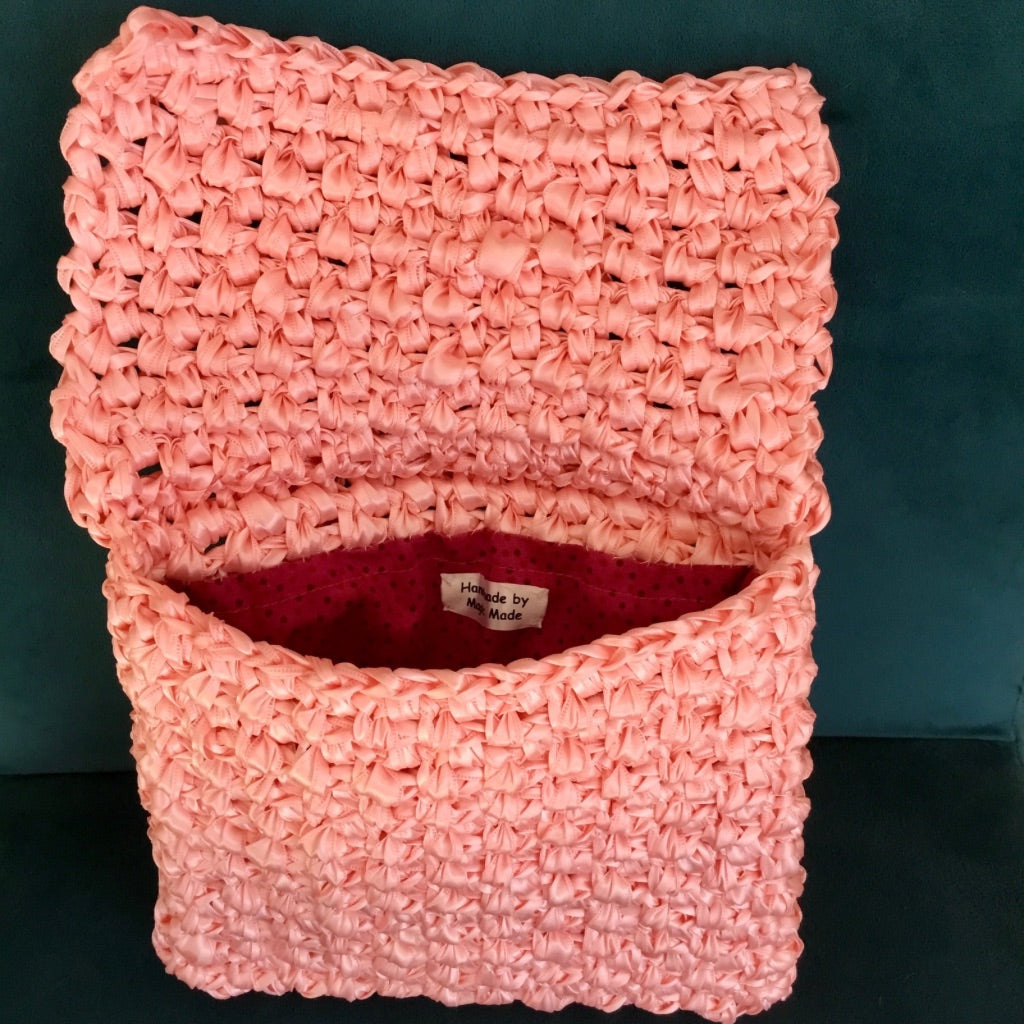 Crocheted Ribbon Handbag with Flap Closure