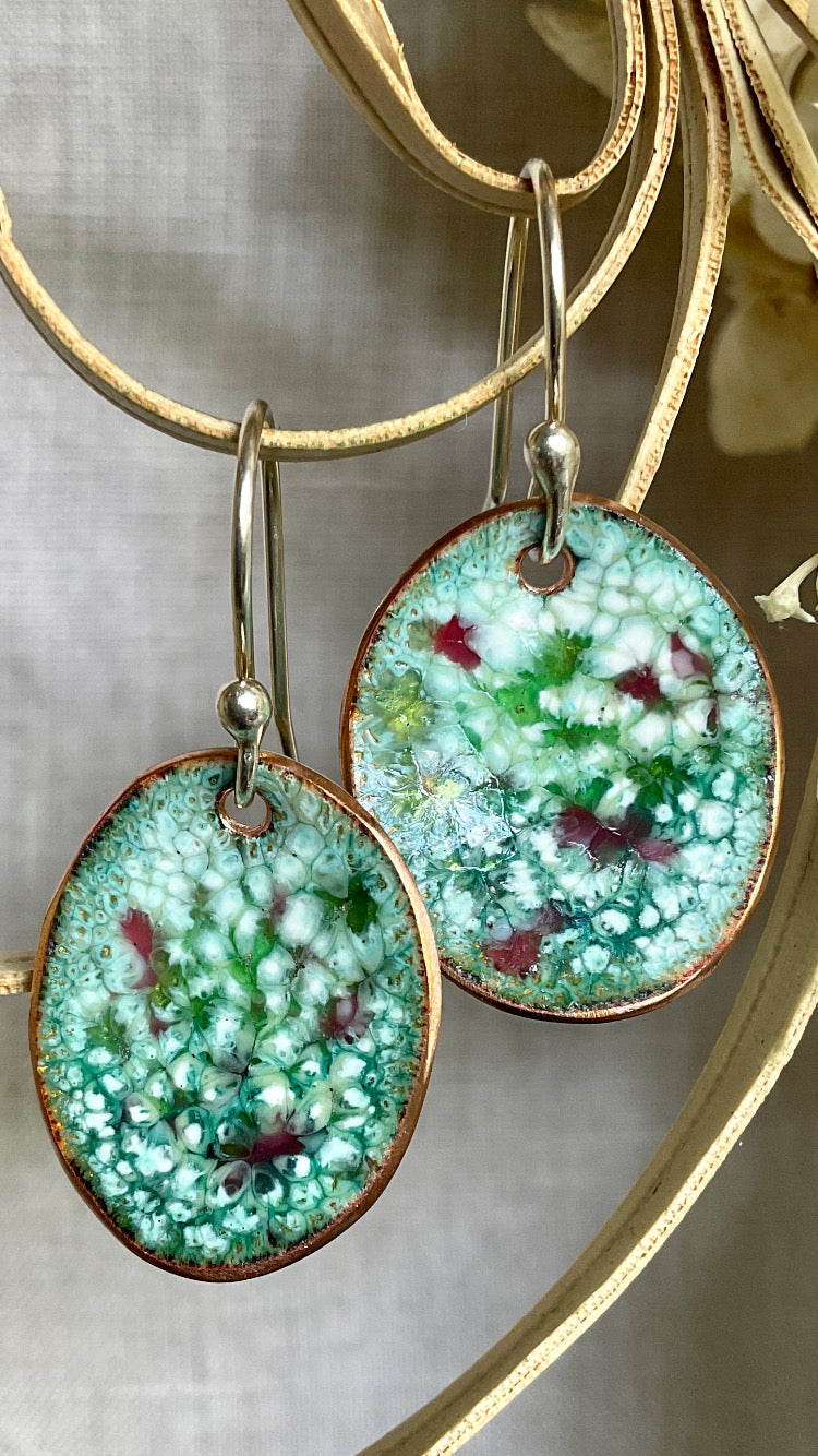 Green oval abstract enamel earrings. Handmade
