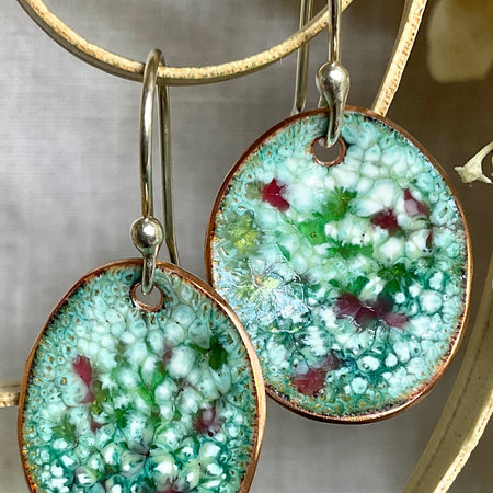 Green oval abstract enamel earrings. Handmade