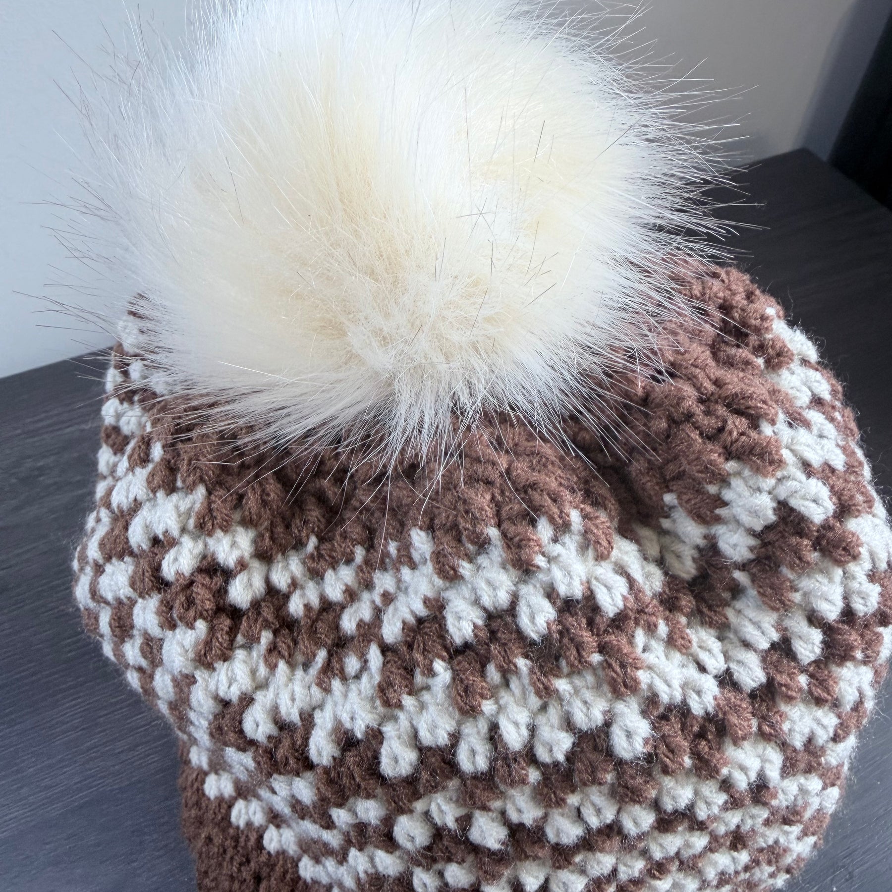 #119 Zig Zag Stripe Beanie with Faux Fur Bobble
