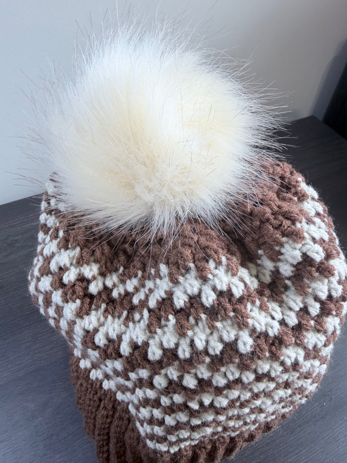 #119 Zig Zag Stripe Beanie with Faux Fur Bobble