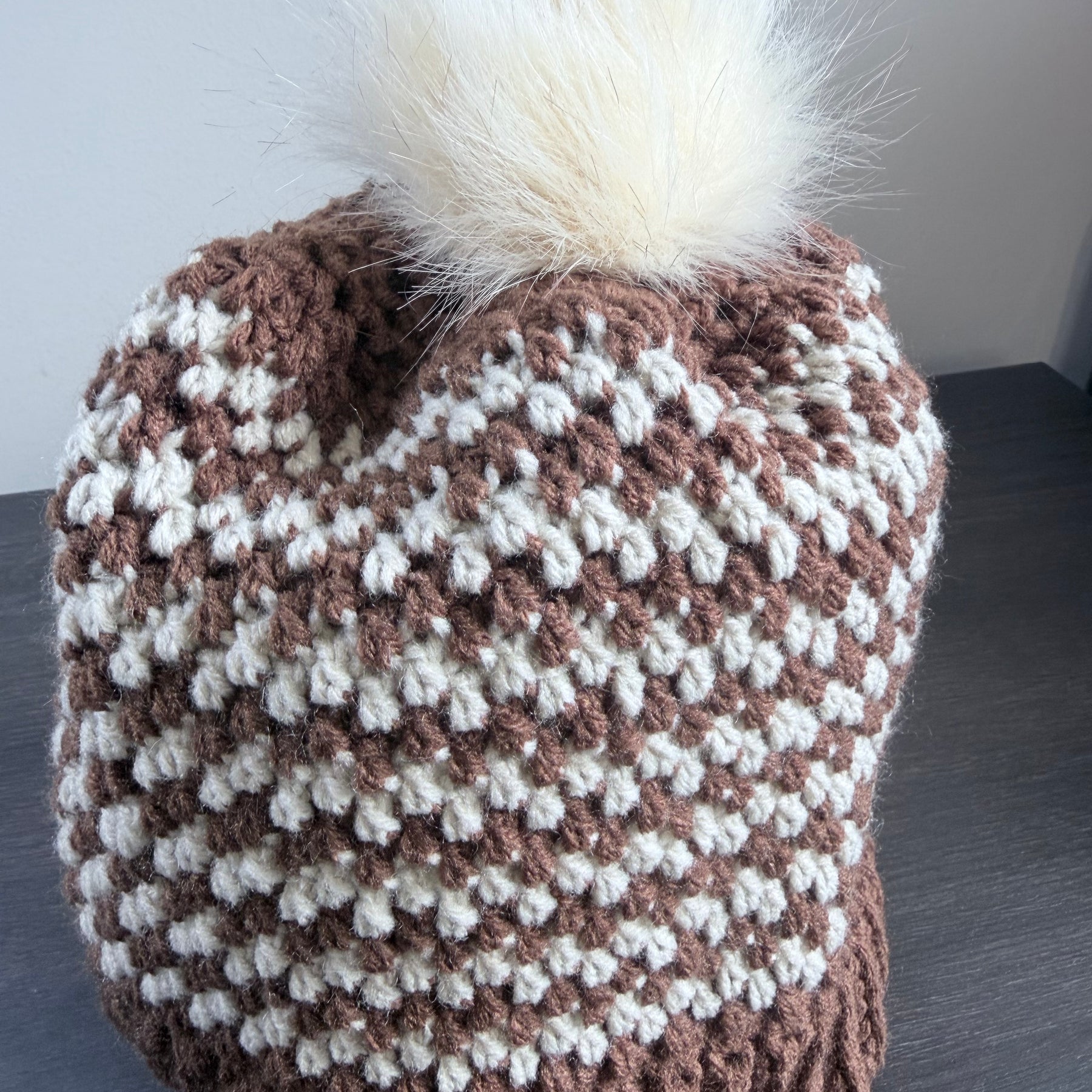 #119 Zig Zag Stripe Beanie with Faux Fur Bobble