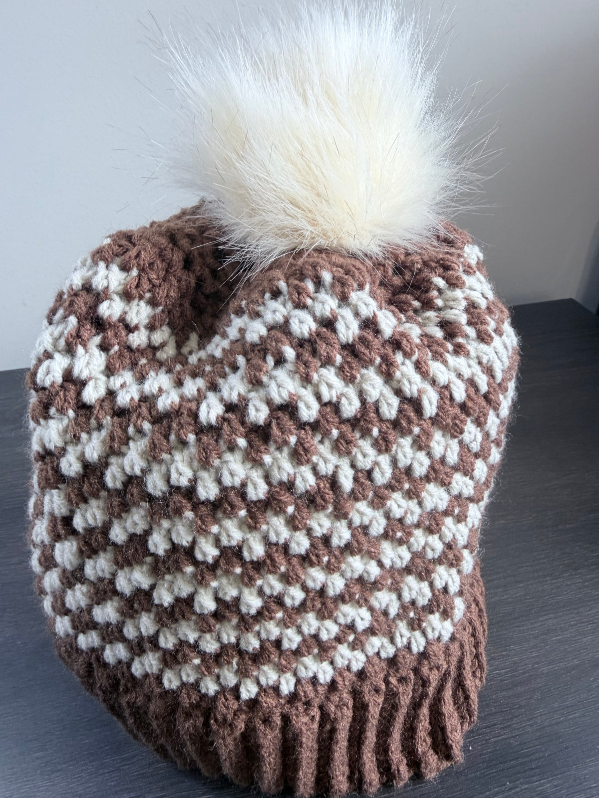 #119 Zig Zag Stripe Beanie with Faux Fur Bobble