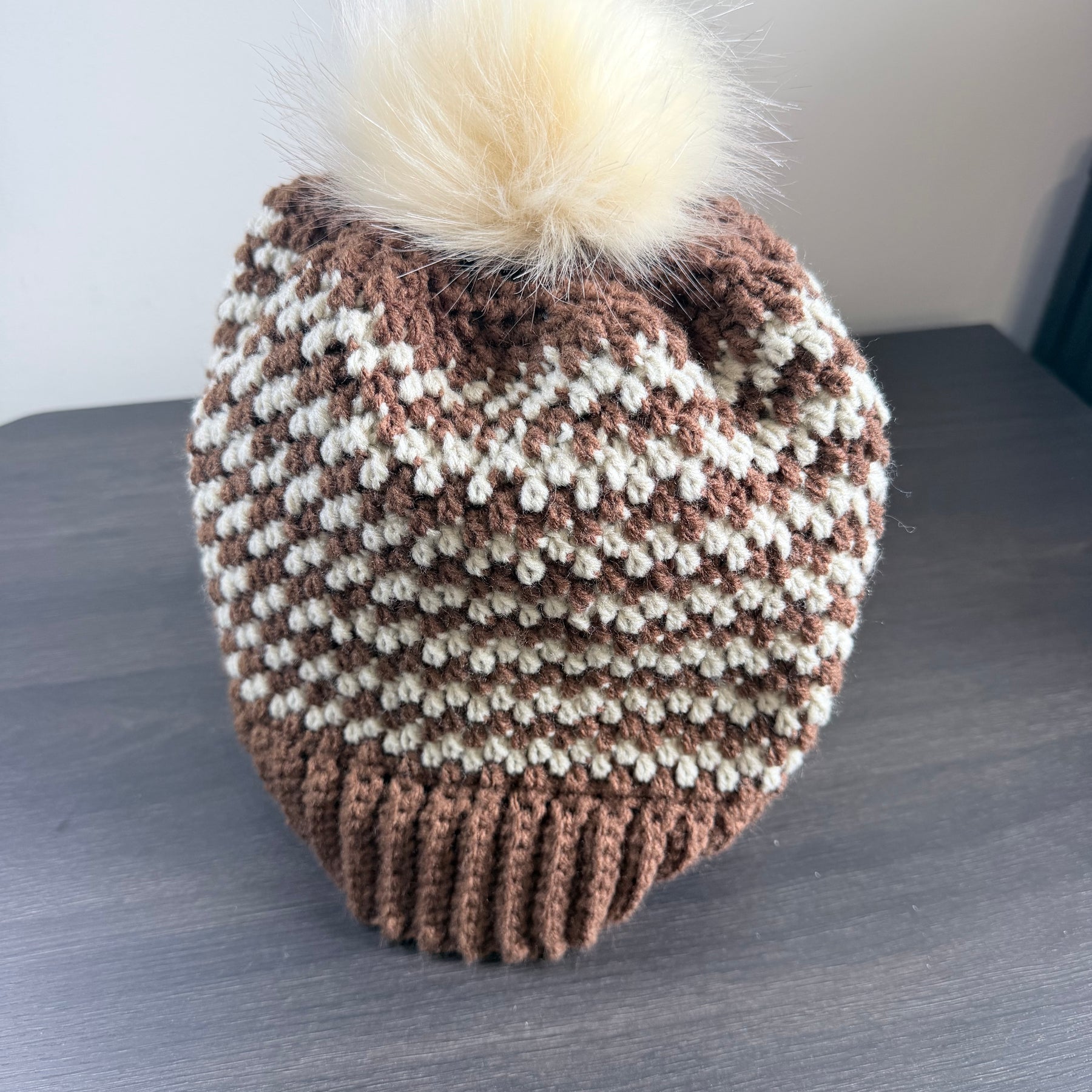 #119 Zig Zag Stripe Beanie with Faux Fur Bobble
