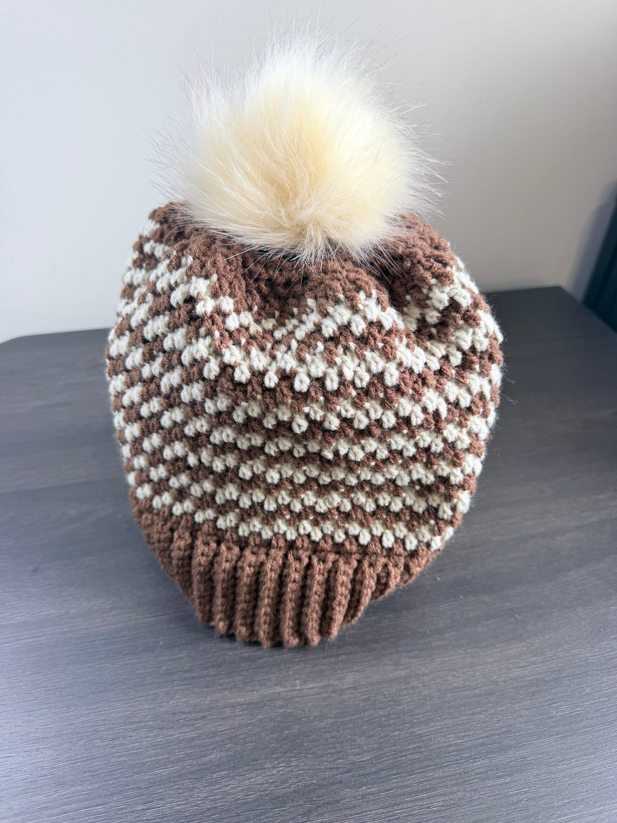#119 Zig Zag Stripe Beanie with Faux Fur Bobble