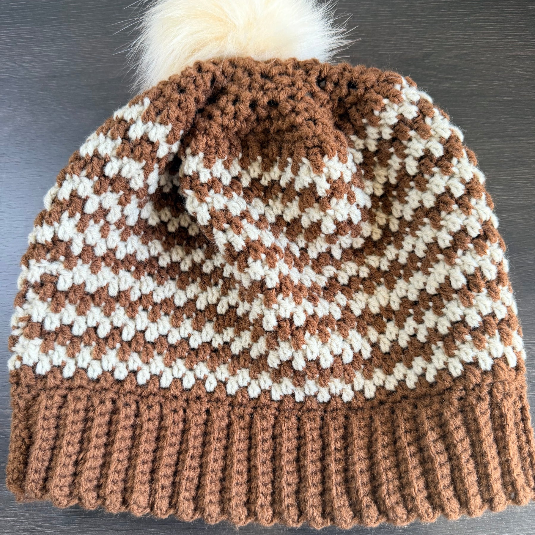 #119 Zig Zag Stripe Beanie with Faux Fur Bobble