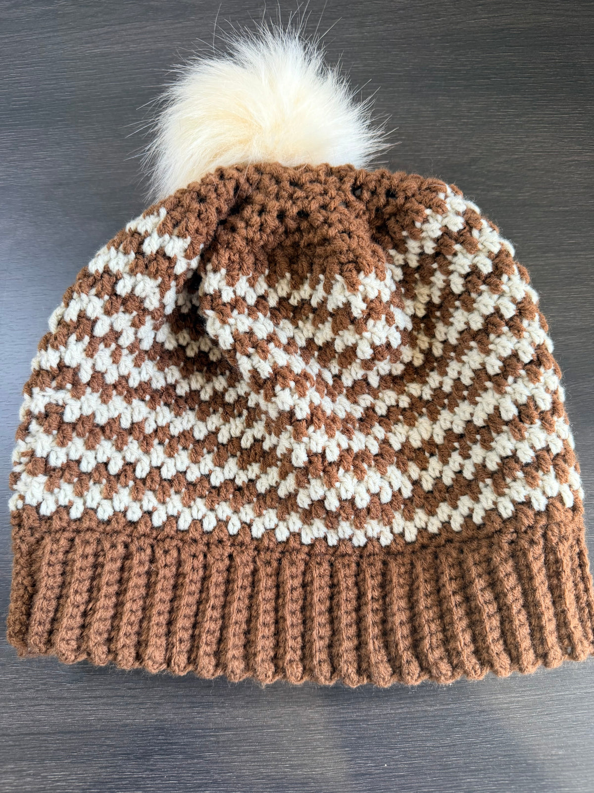 #119 Zig Zag Stripe Beanie with Faux Fur Bobble
