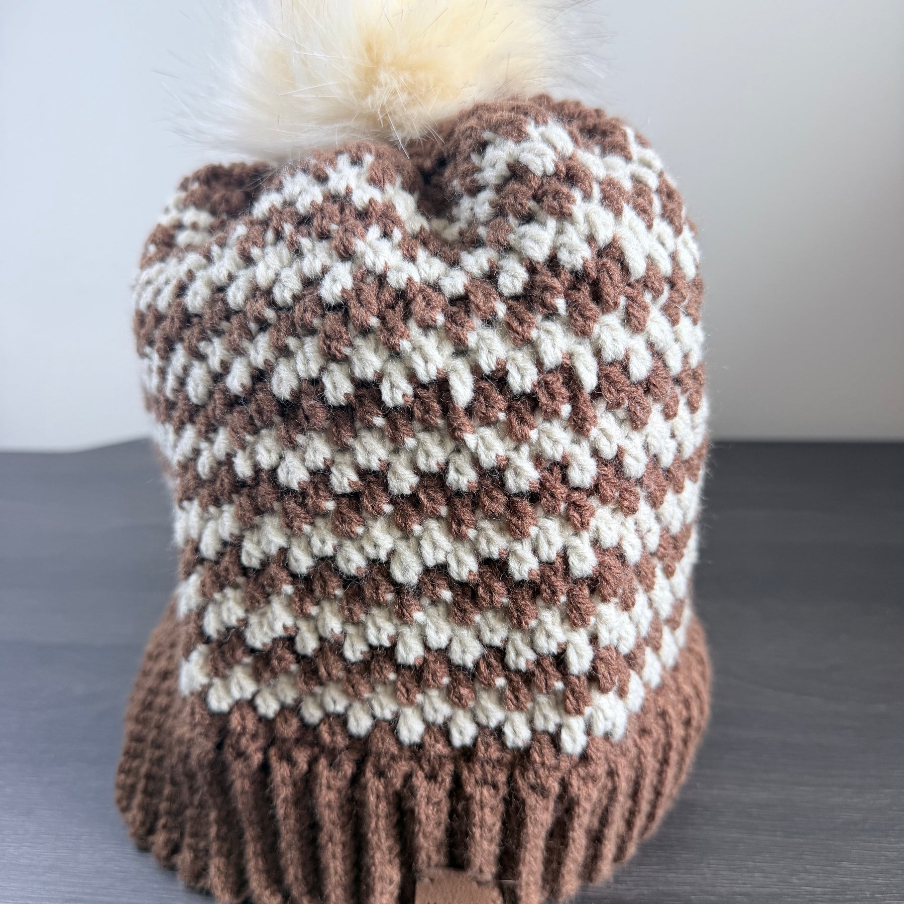 #119 Zig Zag Stripe Beanie with Faux Fur Bobble