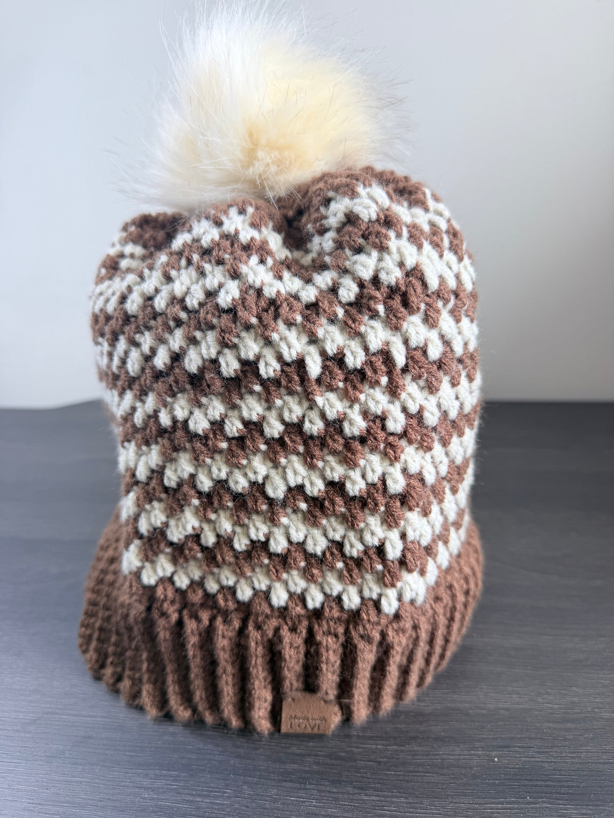 #119 Zig Zag Stripe Beanie with Faux Fur Bobble