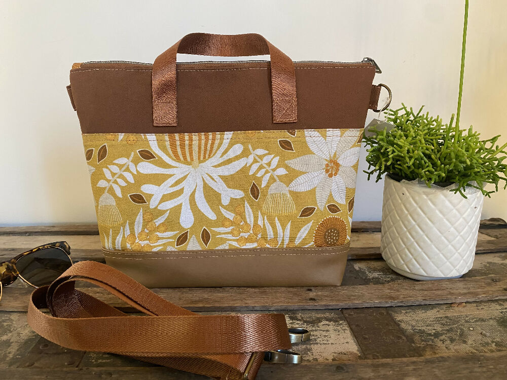 Lola Crossbody/Tote Bag - Yellow Banksia/Tan Faux Leather