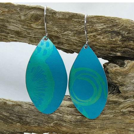 Hand printed anodised green on turquoise aluminium earrings