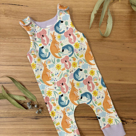 Baby Stretch Overalls - Purple Kangaroos Koalas