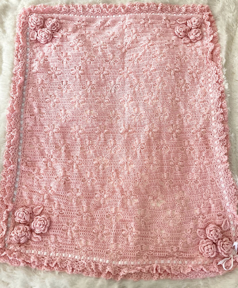 Flower Baby Blanket, Pink Baby Blanket, Crotchet Handmade Baby Blanket