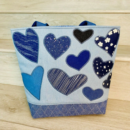 Appliquéd hearts denim tote bag