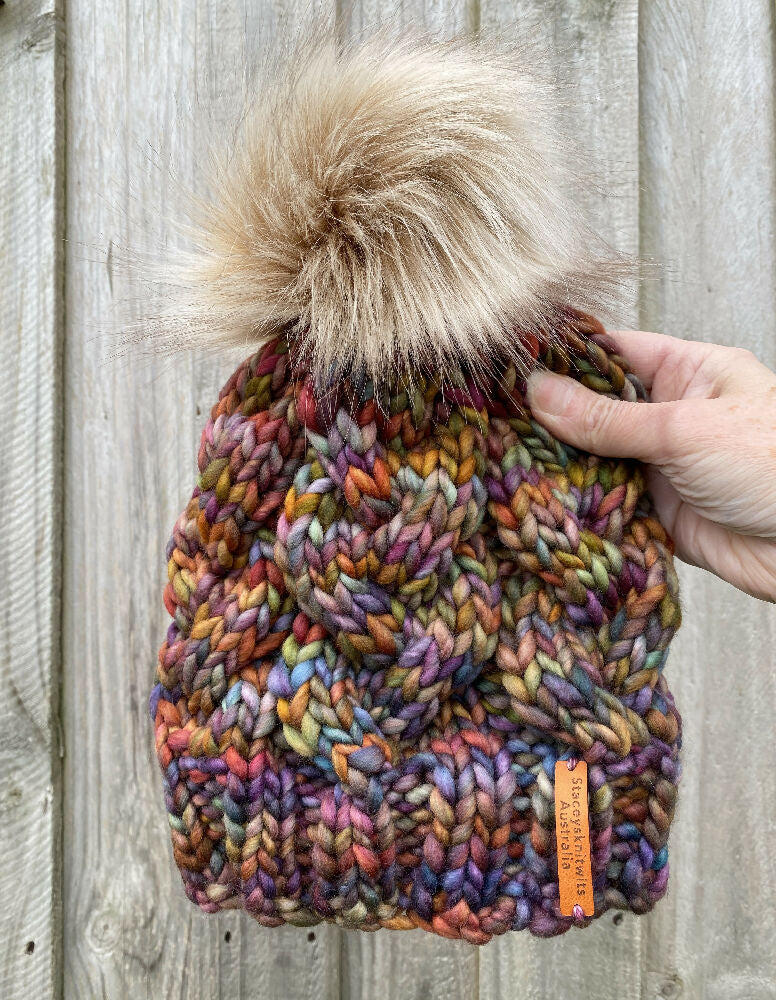 Ladies Beanie, Knitted Rainbow PomPom Beanie