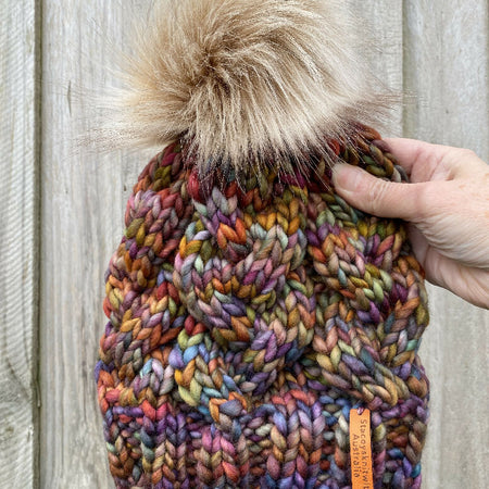 Ladies Beanie, Knitted Rainbow PomPom Beanie