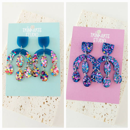 Blue and Purple Glitter Resin Dangle Earrings