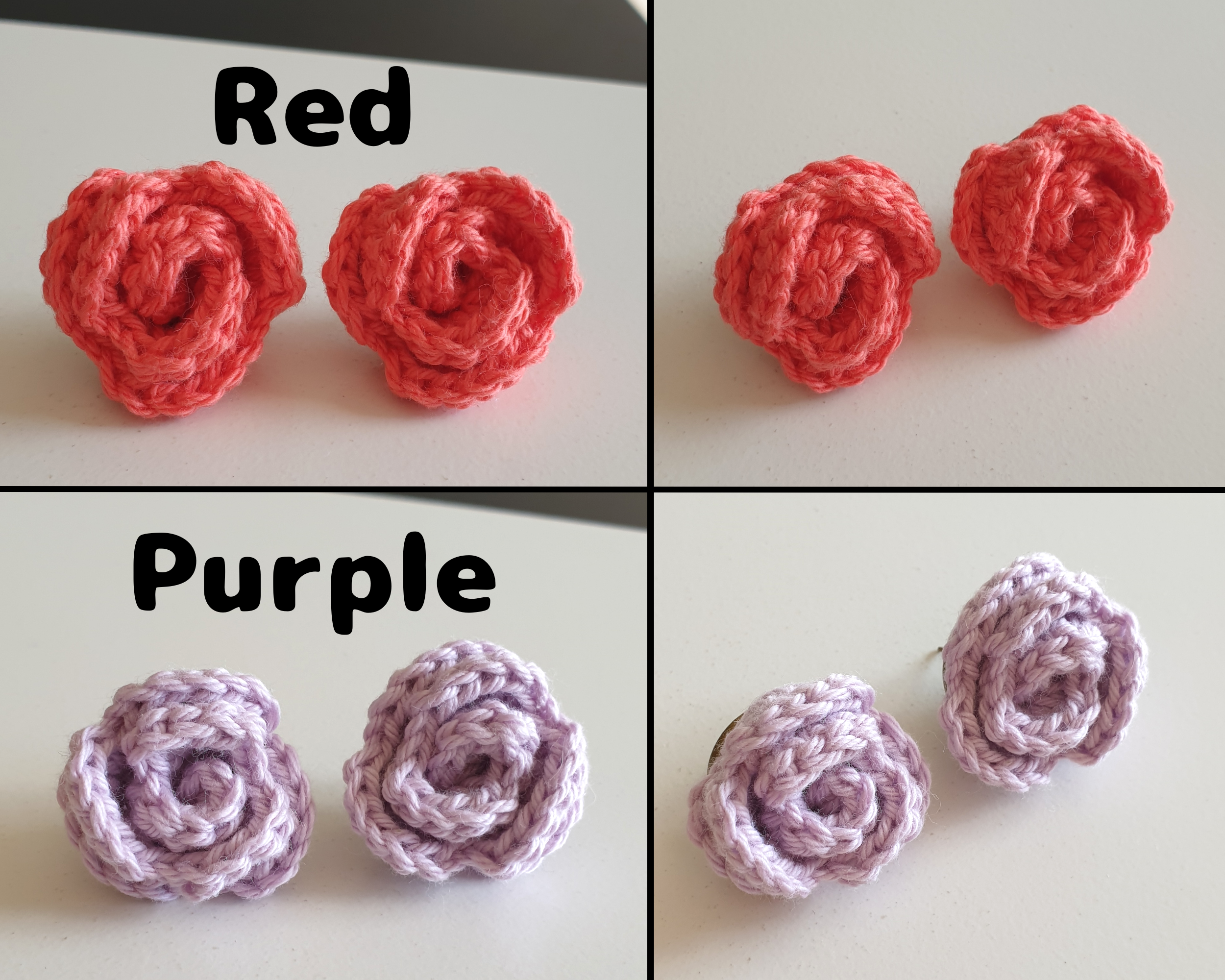Small Hand Knitted Small Crochet Rose Flower Stud earrings : Red Pink Purple Brown Yellow Green