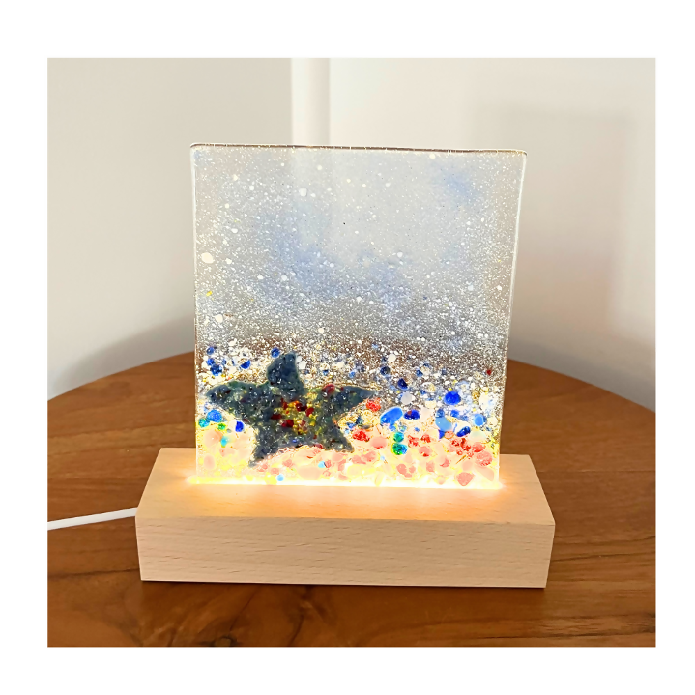 Handmade Fused Glass Art Pieces Inspired by the Australian Coastline, Stunning Starfish Design elegantly displayed on an LED light stand.