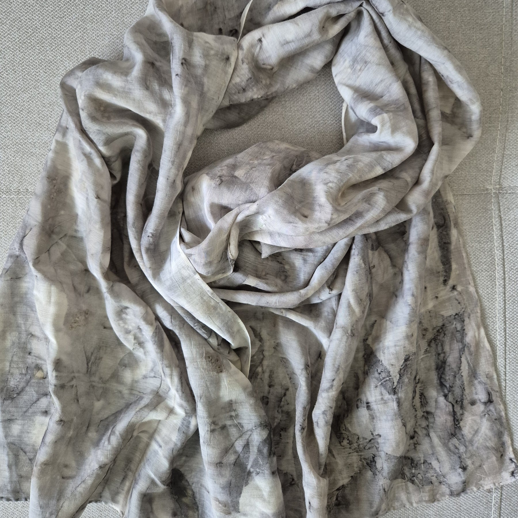 Ecoprinted scarf soft silk cotton neutral black grey