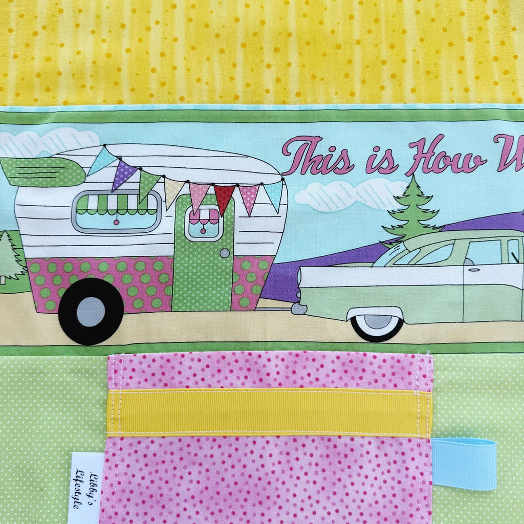 Retro caravan pinafore ladies apron with pocket.