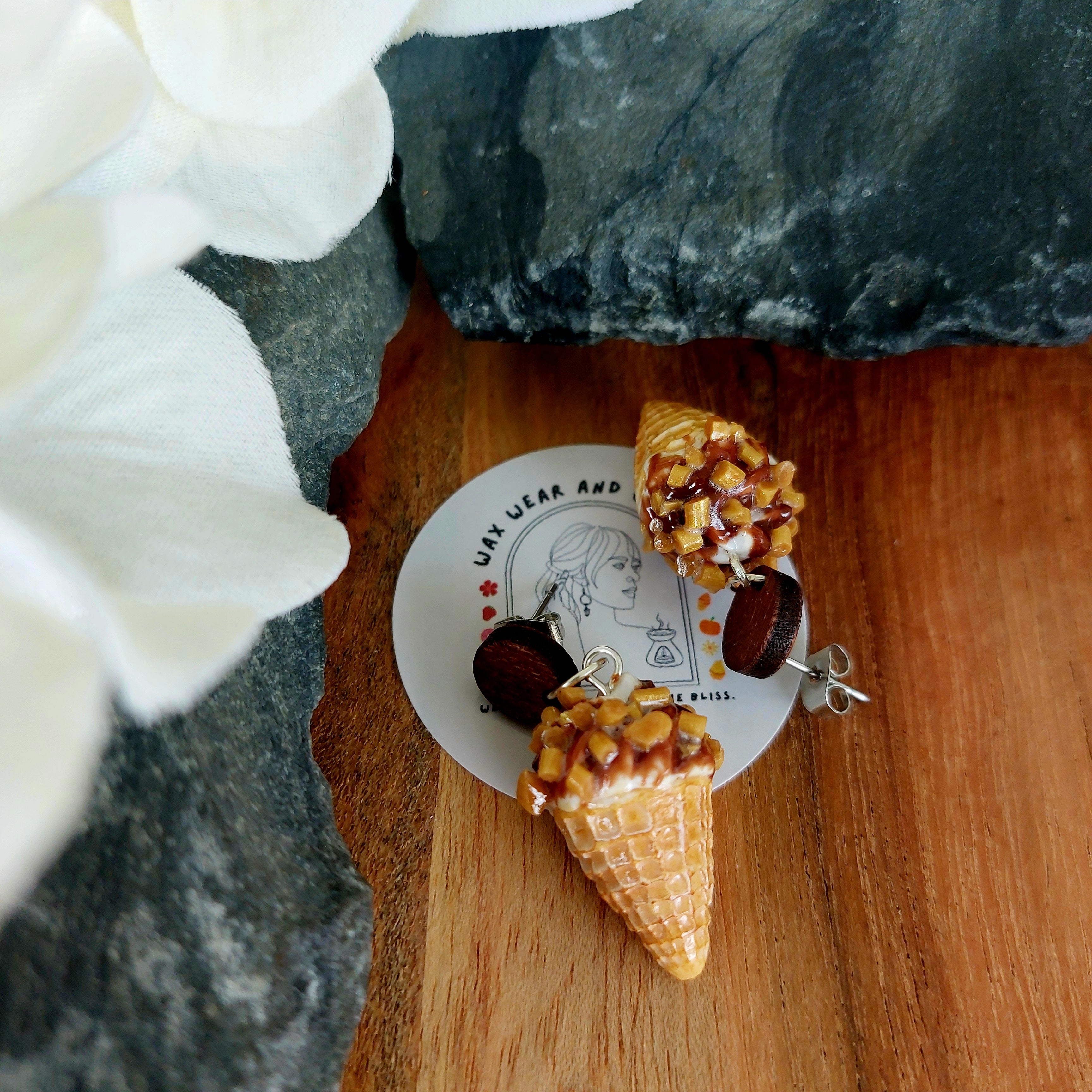 Vanilla Choc Top Earrings | Wooden Stud Statement Earrings | Food Inspired