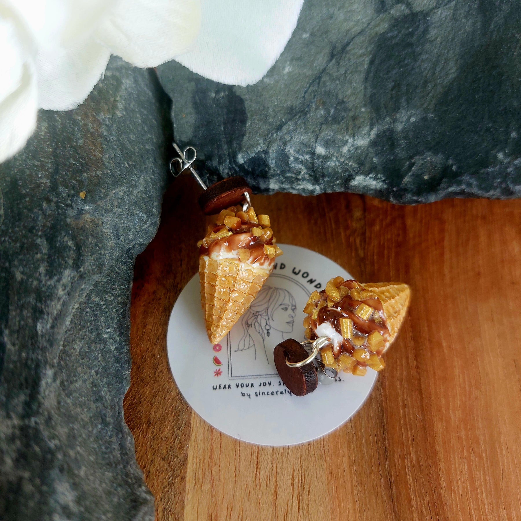 Vanilla Choc Top Earrings | Wooden Stud Statement Earrings | Food Inspired