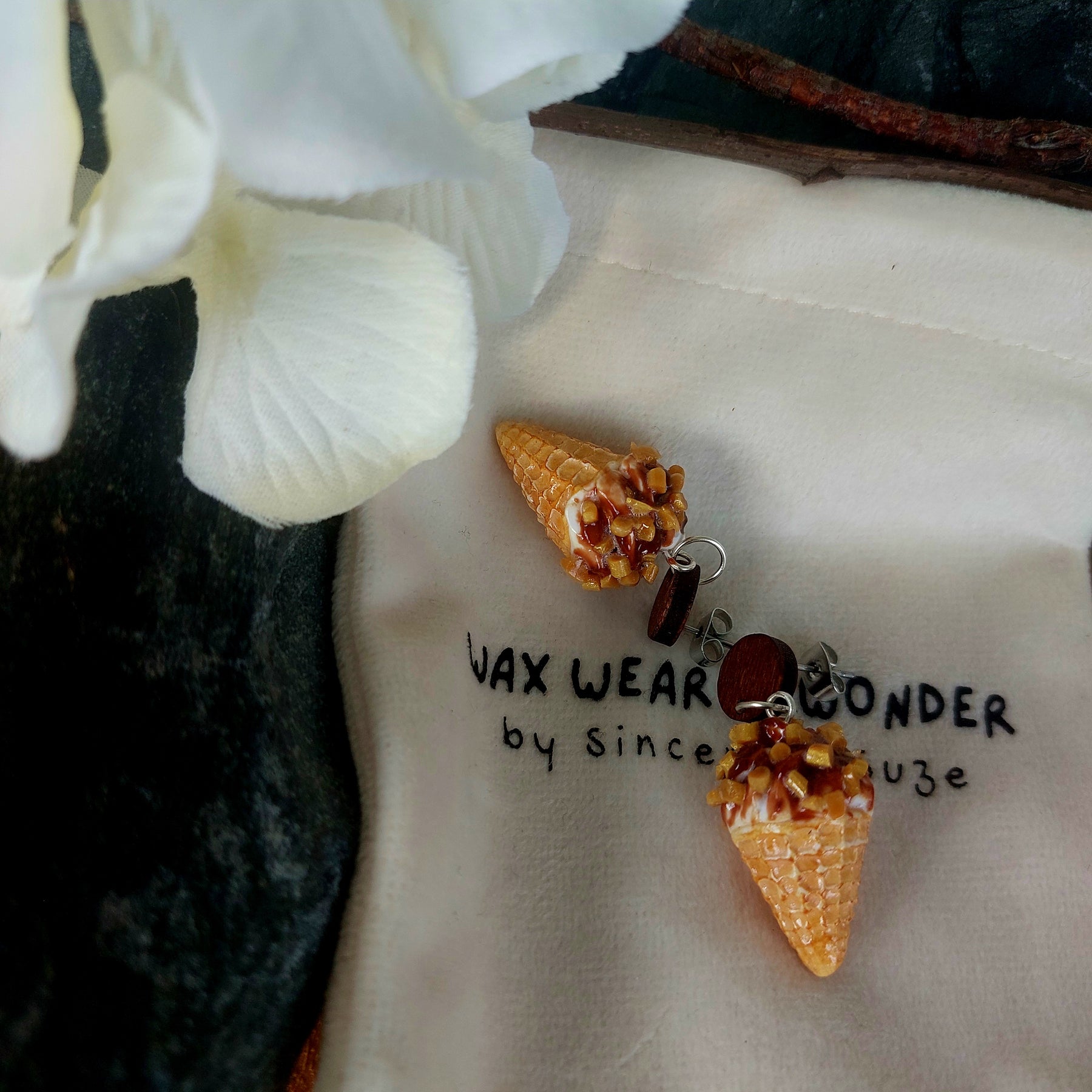 Vanilla Choc Top Earrings | Wooden Stud Statement Earrings | Food Inspired