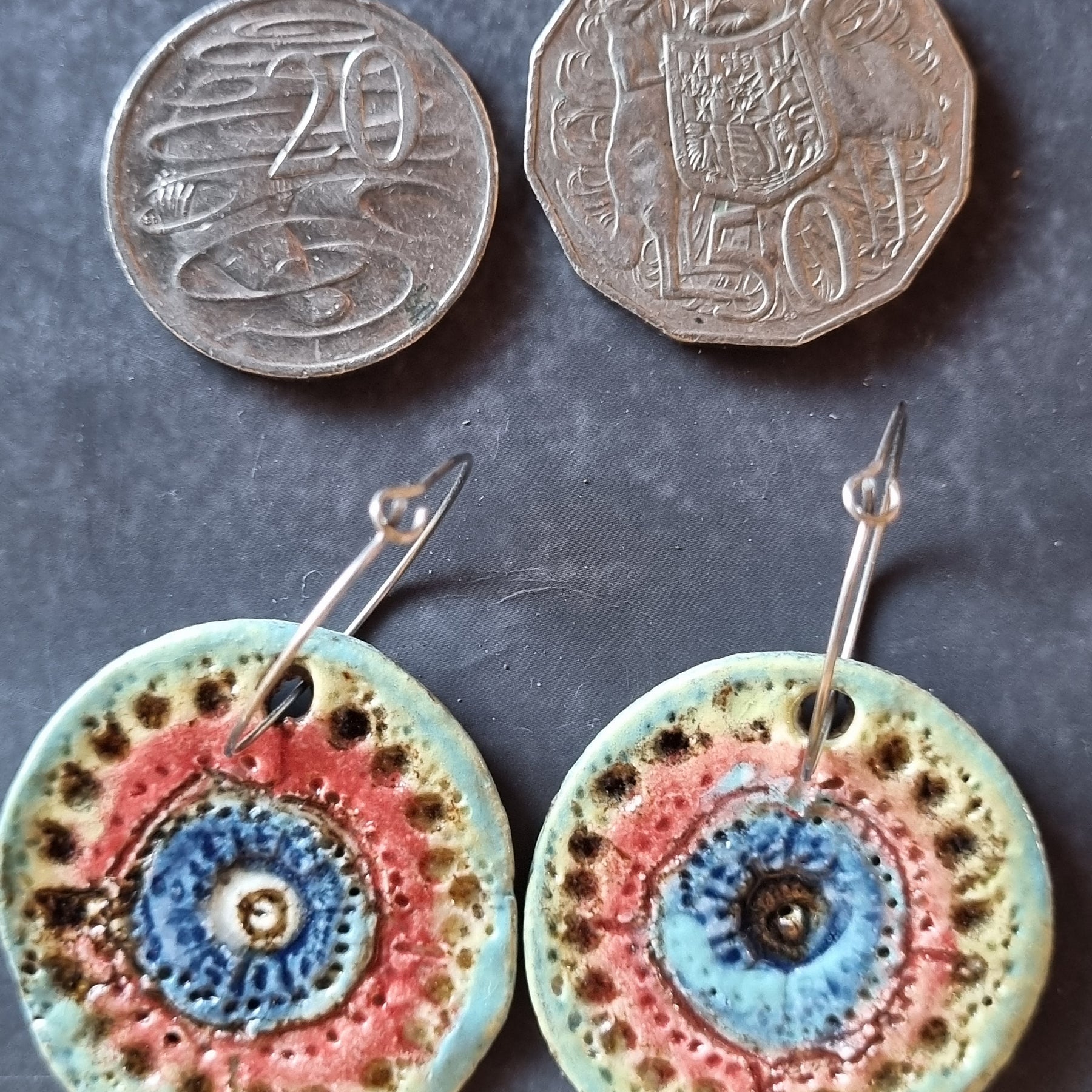 Handmade Stoneware Ceramic Earrings, blue-orange-green multi-coloured, 35mm diameter, pierced ears