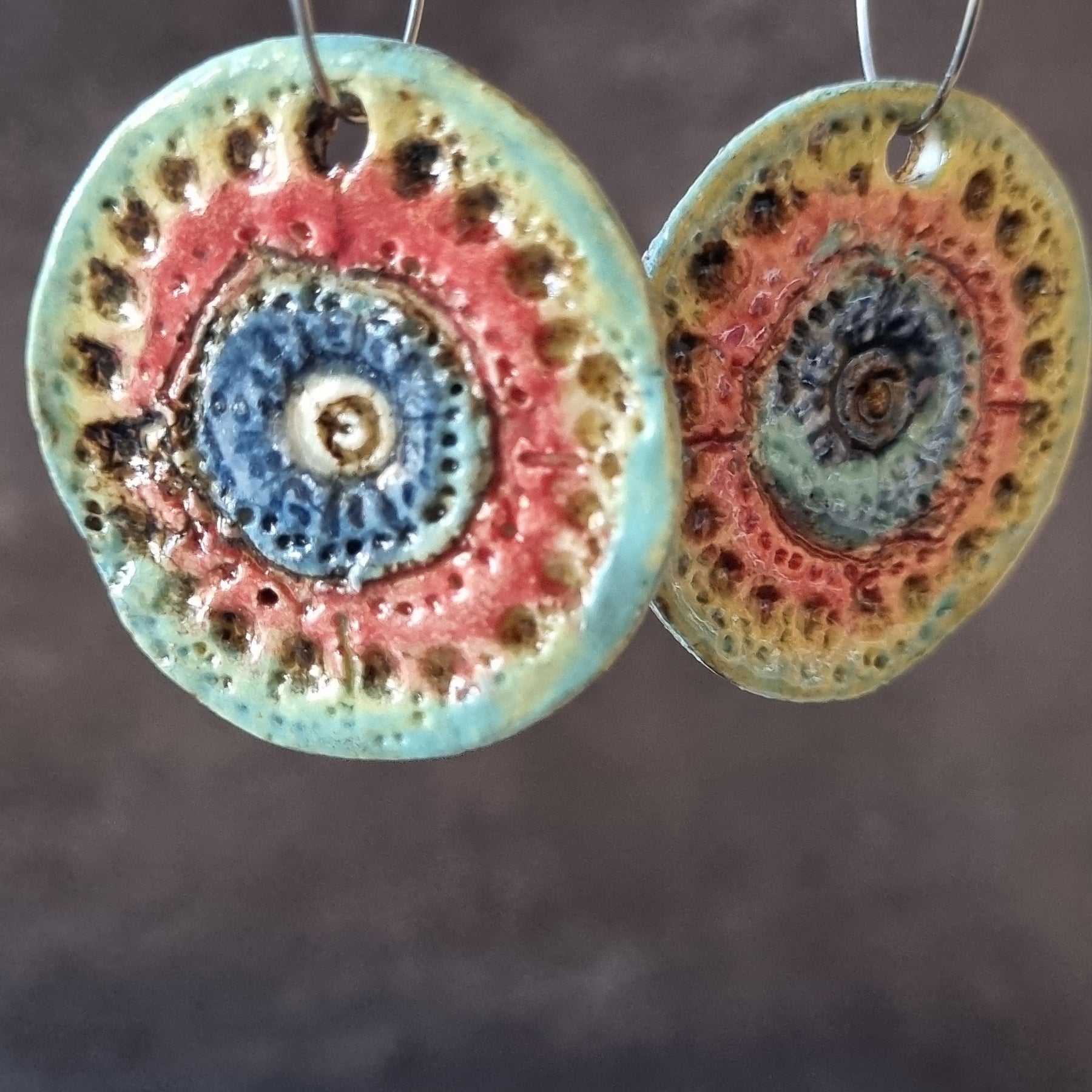 Handmade Stoneware Ceramic Earrings, blue-orange-green multi-coloured, 35mm diameter, pierced ears
